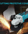 Hella Tough Corded Angle Grinder Designed For Badass Cutting Grinding And Polishing On Metal Wood Stone And Jade With Smooth Speed Control And Built In Cooling, cutting metal with protective cover.