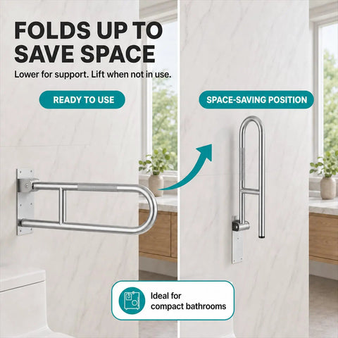 Hella Sturdy 24 Inch Folding Toilet Grab Bar With Rock Solid Anti Slip Surface For Bathroom Accessibility And Safe Shower Assistance Made From Brushed T304 Stainless Steel That Handles Up To Five Hundred Pounds Without Breaking A Sweat, shown in folded and unfolded positions.