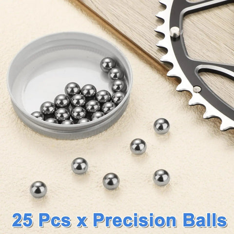 Twenty Five Piece Set Of Dead Nuts G16 Grade Chrome Steel Bearing Balls Three Eighth Inch Diameter With Slick Mirror Polish Finish Ready To Roll In Any Auto Or Heavy Machinery Diy Build displayed in round container.