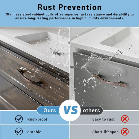 Comparison of 15 Pack Curved Oil Rubbed Bronze Cabinet Pulls showing rust prevention on different surfaces, highlighting durability.