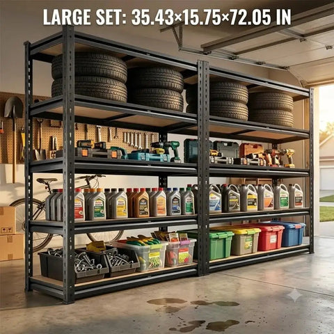 Heavy Duty 5 Tier Bolt Free Storage Shelving Rack 2 Pack Quick Snap Metal Shelves with tools, tires, and storage bins in garage.