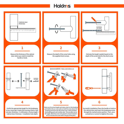 Installation guide for Gold Cabinet Handles Set. Steps include measuring door thickness, screw length, and secure knob placement.