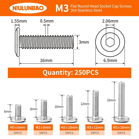 M3 Hex Socket Cap Screws Set 250Pcs Assortment Kit Flat Head Allen Bolts 304 Stainless Steel Fully Threaded For Furniture And DIY Projects Includes M3 X 6mm, 8mm, 10mm, 12mm, 16mm In Bright Finish.