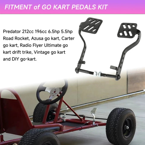 Go Kart Brake And Throttle Pedal Kit With 71 Inch Throttle Cable Replacement for Predator 212cc and 196cc Karts, shown with kart frame.