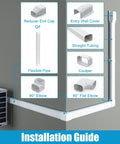 Installation guide of Ultra Durable 25 Ft PVC Line Set Cover Kit For Ductless Mini Split Heat Pump And Central AC Systems with parts labeled.