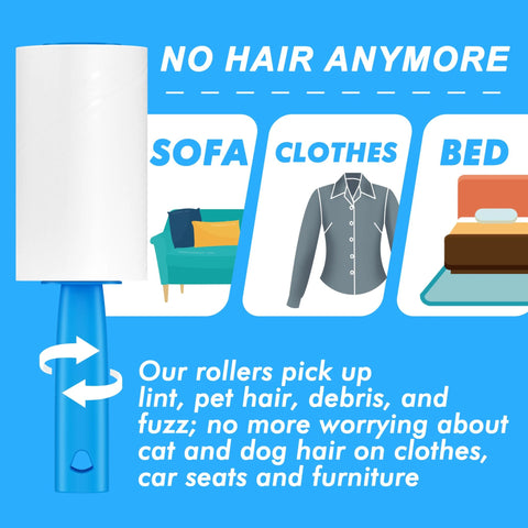 Extra Sticky Lint Roller Mega Value Set With 400 Sheets For Pet Hair Removal On Clothes Furniture And Carpet, Ideal For Dog And Cat Hair, Easy Tear Diagonal Peel Design for smooth rolling, shown with a blue handle and text highlighting its use on sofas, clothes, and beds.