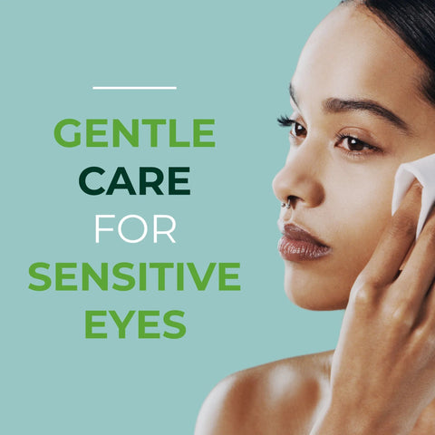 Side view of a woman using NOVEHA eyelid and lash wipes; 60-count, tea tree oil with hyaluronic acid for sensitive eyes