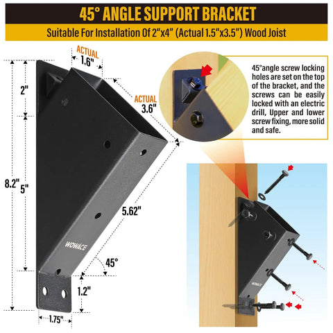 4 Pack 45 Degree Angle Brackets For Pergola Deck Porch Log Cabin 2x4 Framing Actual 1.5x3.5 Inches Stainless Steel Outdoor Bracket Kit Black Powder Coated Weatherproof Built Tough showing detailed measurements and installation.