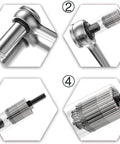 Close-up of Three Piece Universal Socket Wrench Set With Ratchet And Drill Adapters, showcasing hexagon metal heads and retractable springs.
