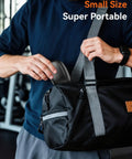 Person placing wireless earbuds with Bluetooth 5.4, 80 hour playtime, sport hooks, LED display into gym bag, Jet Black case.