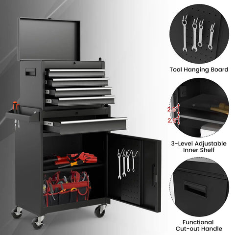 Five Drawer Rolling Tool Chest With Removable Tool Cabinet and Sliding Metal Organizer showing drawers and storage features