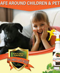 Child with dog next to All In One Indoor And Outdoor Pest Buster For Fleas Ticks Ants Spiders Bed Bugs Dust Mites 128 Oz bottle