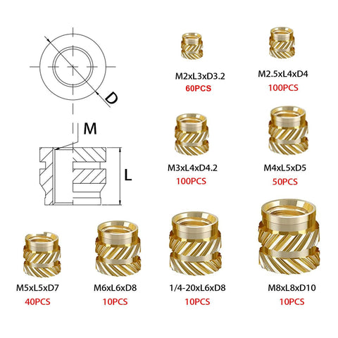 Brass heat-set insert kit for plastic 3D printing; M2-M8 sizes, 380 pcs total.