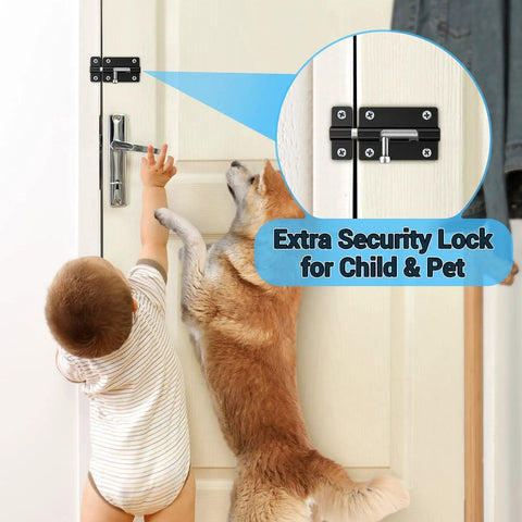 Child and dog reaching a door with a Two Pack Door Lock Latch Slide With Keyless Entry For Inside And Outside Doors Barrel Bolt