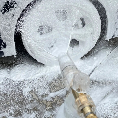 Foam Cannon For Pressure Washer With M22 And 1 Quarter Inch Quick Connect, Adjustable Nozzle, covering car wheel with foam