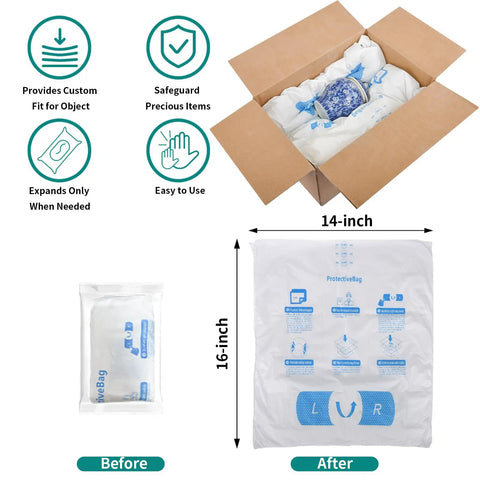 Two Pack Expanding Foam Packing Bags Quick Expand Protective Cushioning 14 by 16 inch shown before and after expansion.