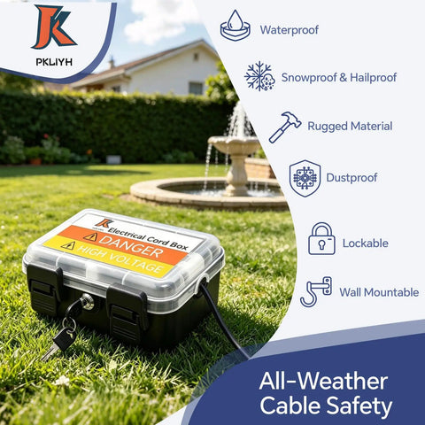 Heavy Duty Outdoor Electrical Box With IP54 Weatherproof Shield And Dual Cable Ports For Power Strips Plugs And Holiday Lights Black One Pack in a garden setting.