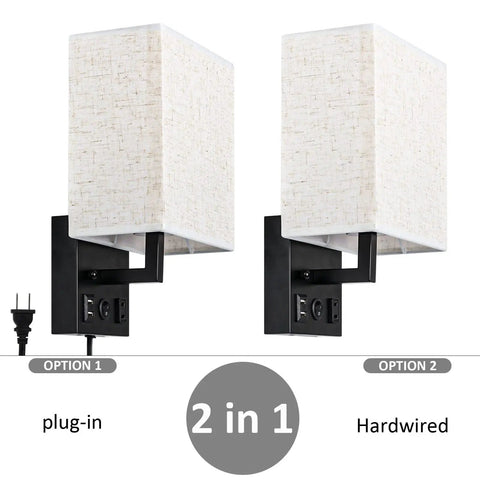 Bedside Wall Lamp Set Of 2 Plug In Sconce Lights With USB Charging Ports And AC Outlet Brushed Nickel Modern Wall Sconces
