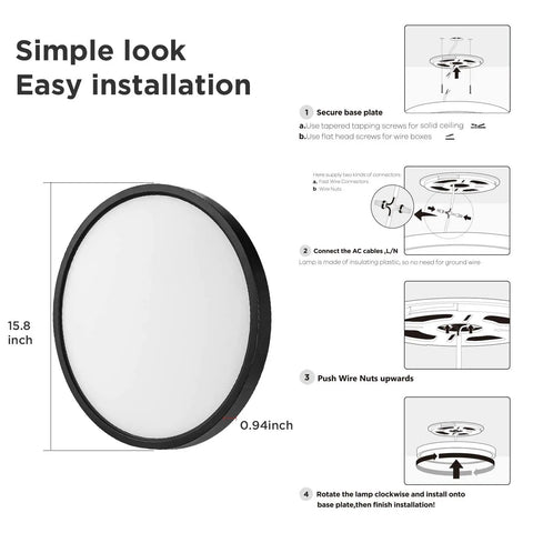 Diagram of 3 In One Dimmable Flush Mount LED Ceiling Light 3000K 4000K 6500K Black Finish 15.8 Inch installation steps