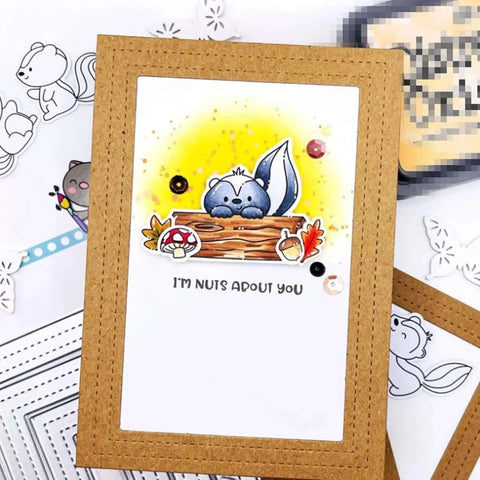 Card design with skunk illustration, stitched rectangular frame, and 'I'm nuts about you' text, using Stitched Rectangle Frame Die Cuts Set For Card Making And Scrapbooking, DIY Embossing, Photo Decor, And Gift Tags, Silver Metal Dies, 14.3x11.1cm, 3 Pieces, Perfect For Creative Crafts.