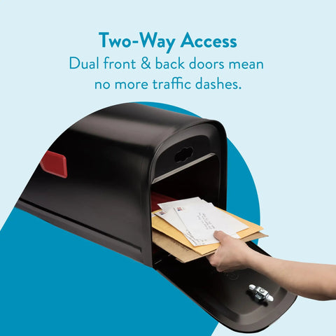 Hand accessing Oasis 360 Locking Parcel Mailbox Extra Large Built Tough Heavy Duty Galvanized Steel With Black Powder Coat Finish.