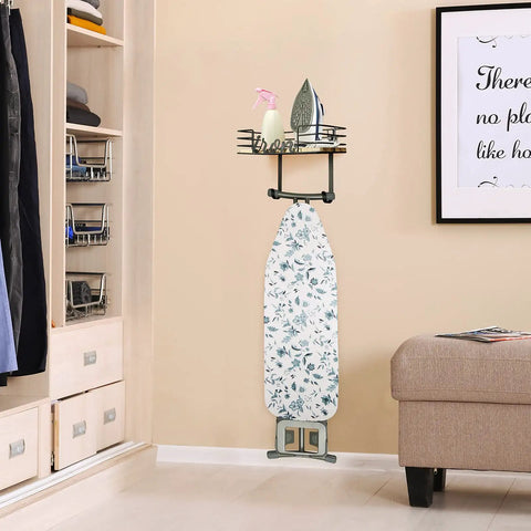 Space Saving Laundry Room Hanger Wall Mount For Iron And Ironing Board With Metal Frame And Large Wooden Base Basket, Black Finish