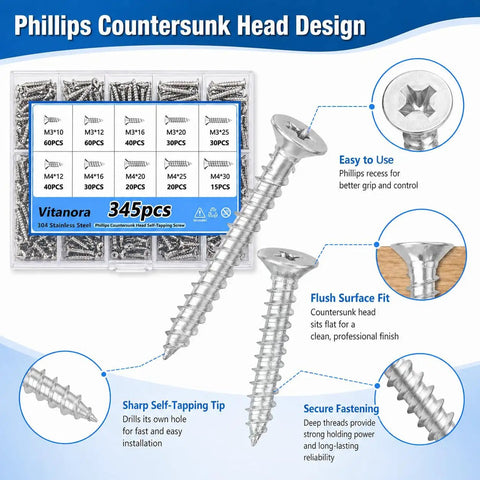 Diagram of 345 Piece 304 Stainless Self Tapping Screws Set For Wood And Metal M3 And M4 Flat Head with storage box