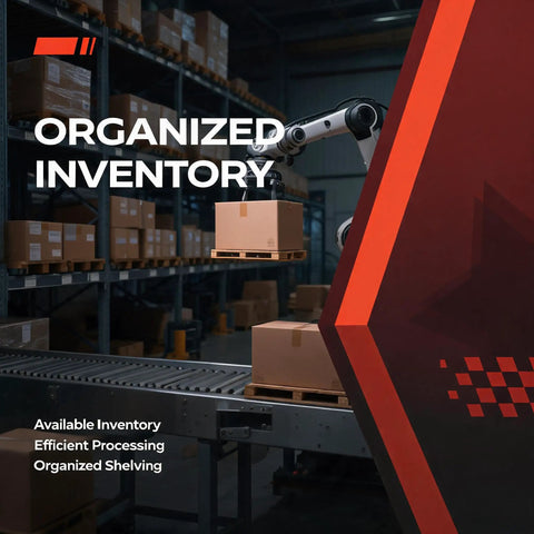 Organized inventory in a warehouse with robotic arm handling boxes on a conveyor belt.