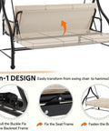 Diagram showing 3-Seater Outdoor Porch Swing With Adjustable Backrest And Canopy, convertible to daybed, with beige cushions.