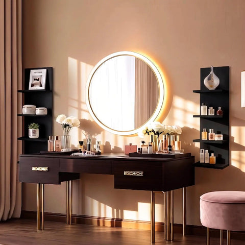 Upgrade Your Walls No Fuss Needed, Four Tier Black Corner Shelves For Room And Kitchen Decor, Vertical Floating Display Rack For Makeup Perfume And Plants, Solid Floor Space Savior With Sleek Finish in a stylish vanity setup.