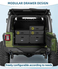 Modular Overland Rugged Drawer Toolbox For Jeep Wrangler JK JL Unlimited 4 Door with cargo drawer system, installed view.