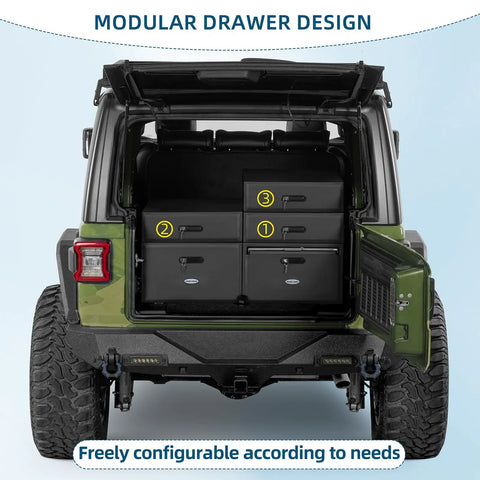 Modular Overland Rugged Drawer Toolbox For Jeep Wrangler JK JL Unlimited 4 Door with cargo drawer system, installed view.