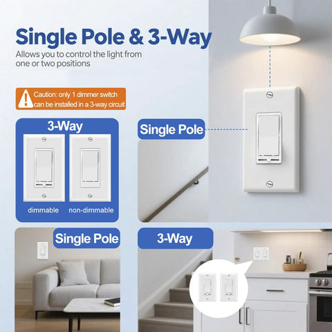 Single Pole Or 3 Way Dimmer Light Switch 1 Pack Heavy Duty Quick Install For Home Fixtures Smoothly Adjusts Dimmable Led Cfl Bulbs Up To Six Hundred Watts Zero Buzz displayed on wall with different configurations.