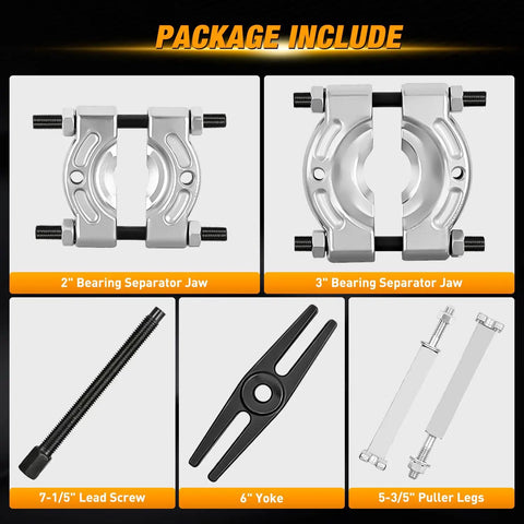 Heavy Duty 14 Piece Bearing Puller Kit 5 Ton Bearing Separator Tool For Auto Repair includes 2" and 3" separator jaws and 6" yoke.