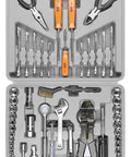 Versatile SAE and Metric Multi Use DIY Ready Tool Set With 119 Pieces In A Durable Plastic Toolbox Case For Home Repairs And Auto Projects With Ratchet Sockets Pliers Wrenches Screwdrivers Bits And More shown open with tools.