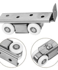 Four Wheel Stainless Steel Sliding Door Hardware Kit Provides Whisper Silent Action And Smooth Gliding Performance Perfect For Wardrobes And Kitchens With Rust Proof Construction That Handles Humid Conditions Like A Champ While Keeping Doors Running, showcasing nylon roller wheels.