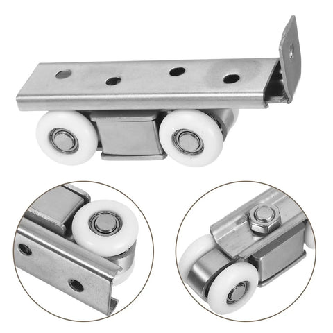 Four Wheel Stainless Steel Sliding Door Hardware Kit Provides Whisper Silent Action And Smooth Gliding Performance Perfect For Wardrobes And Kitchens With Rust Proof Construction That Handles Humid Conditions Like A Champ While Keeping Doors Running, showcasing nylon roller wheels.