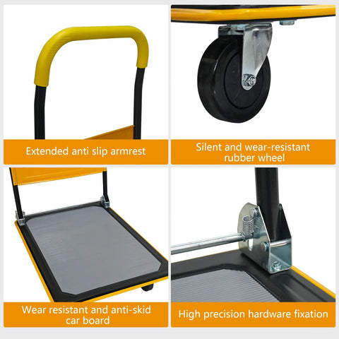 Heavy Duty Foldable Platform Hand Truck Rated At 330 Lbs With Silent Swivel Rollers That Glide Like Butter And Collapse Flawlessly For Stress Free Hauls Around Town showing rubber wheel and anti-slip armrest.
