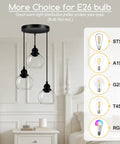 Three Light Pendant Light With Clear Glass Shades, Matte Black Finish, hanging over a nightstand, E26 base options shown