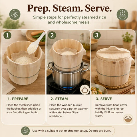 Sick Wooden Rice Steamer Bucket Features Detached Lid And Sliding Base Natural Wood Basket Keeps Your Grub Super Hot For Meal Prep With Hella Fast Cleanup Time Daily Use showing prep, steam, and serve steps.
