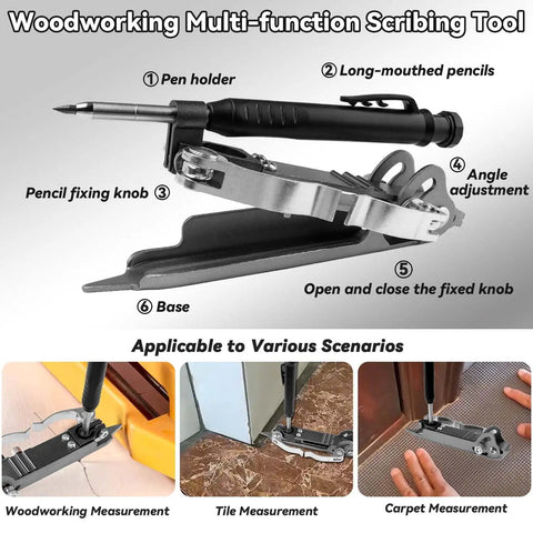 Built Tough Aluminum Alloy 4 In 1 Multipurpose Scribing Tool With Deep Hole Construction Pencil Precision Carpenter Compass Marking Gauge, showing parts and usage in various scenarios.