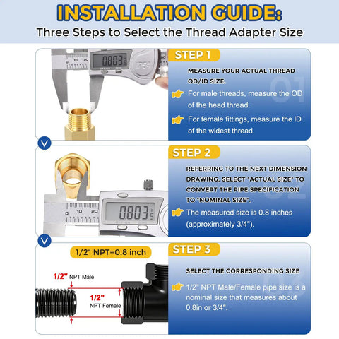 Installation guide for selecting thread adapter size with caliper measurement, brass fittings, and step-by-step instructions.