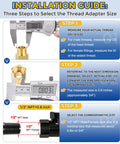 Installation guide for measuring thread size on brass pipe fittings using calipers, highlighting steps for accurate selection.