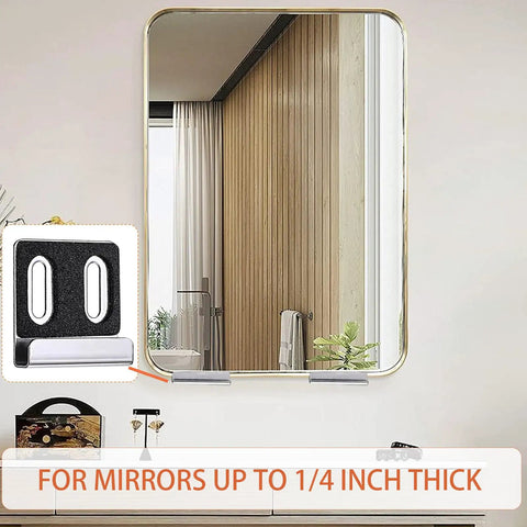 Heavy Duty Stainless Steel Mirror Clips With Complete Hardware Kit For Wall Mounting Frameless Glass And Retail Billboards, supporting a mirror in a modern bathroom.
