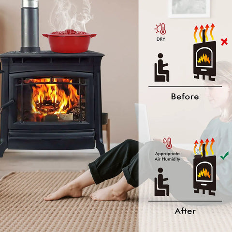Heavy Cast Iron Wood Stove Steamer With Rust Resistant Enamel Finish releasing steam above a burning wood stove and cozy feet on a rug.