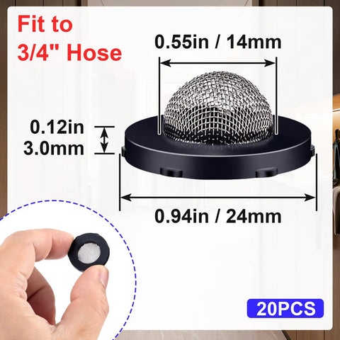 20 Pack Stainless Steel Hose Filter Washers With Screen Inlet Strainer For 3/4 Inch Garden Hose Connector And 5/8 Inch Washing Machine, Pro Grade Inline Water Filter Set shown with dimensions.