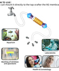 Color Changing DI Resin Cartridge For Reverse Osmosis System mounted to tap, shown with aquarium, washing, lab, and cosmetology uses.