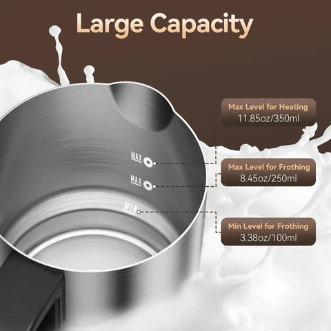 Barista Quality Home Milk Frother And Warmer With Heating Function Four In One Hot And Cold Foam Maker 24 Oz Detachable Stainless Steel Jug With Transparent Lid For Latte Cappuccino And Macchiato showing capacity levels.