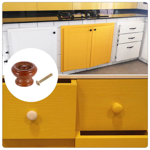 Upgrade Your Kitchen Game With These Swell Red Wooden Cabinet Knobs And Round Drawer Pulls Perfect For Dresser Furniture Makeovers And Top Notch Hardware Upgrades That Look Rad In Any Room. Glossy red wooden knob with M4 bolt on yellow kitchen cabinetry.