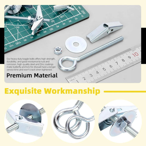 Close-up of 18Pcs M4 M5 M6 Eye Bolt Toggle Bolts Assortment Kit with eye hooks, ruler, and spring-wing anchors for drywall and concrete.